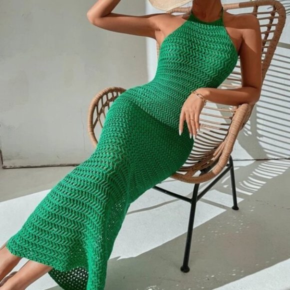 Boho  Beachy Backless Halter tie Maxi Dress Green - Picture 2 of 6